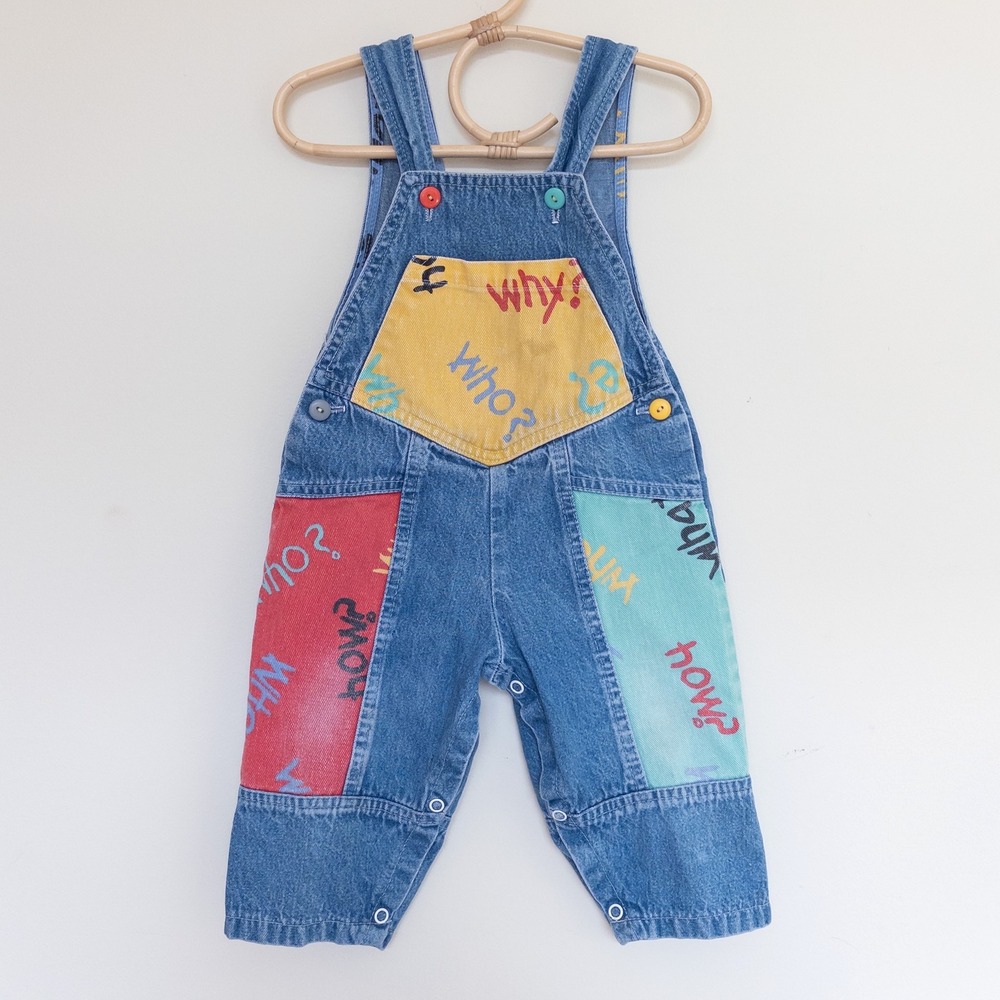 Vintage Cache-Cache Overalls Blue Denim Colorblock Question Print Kids 24 Months
